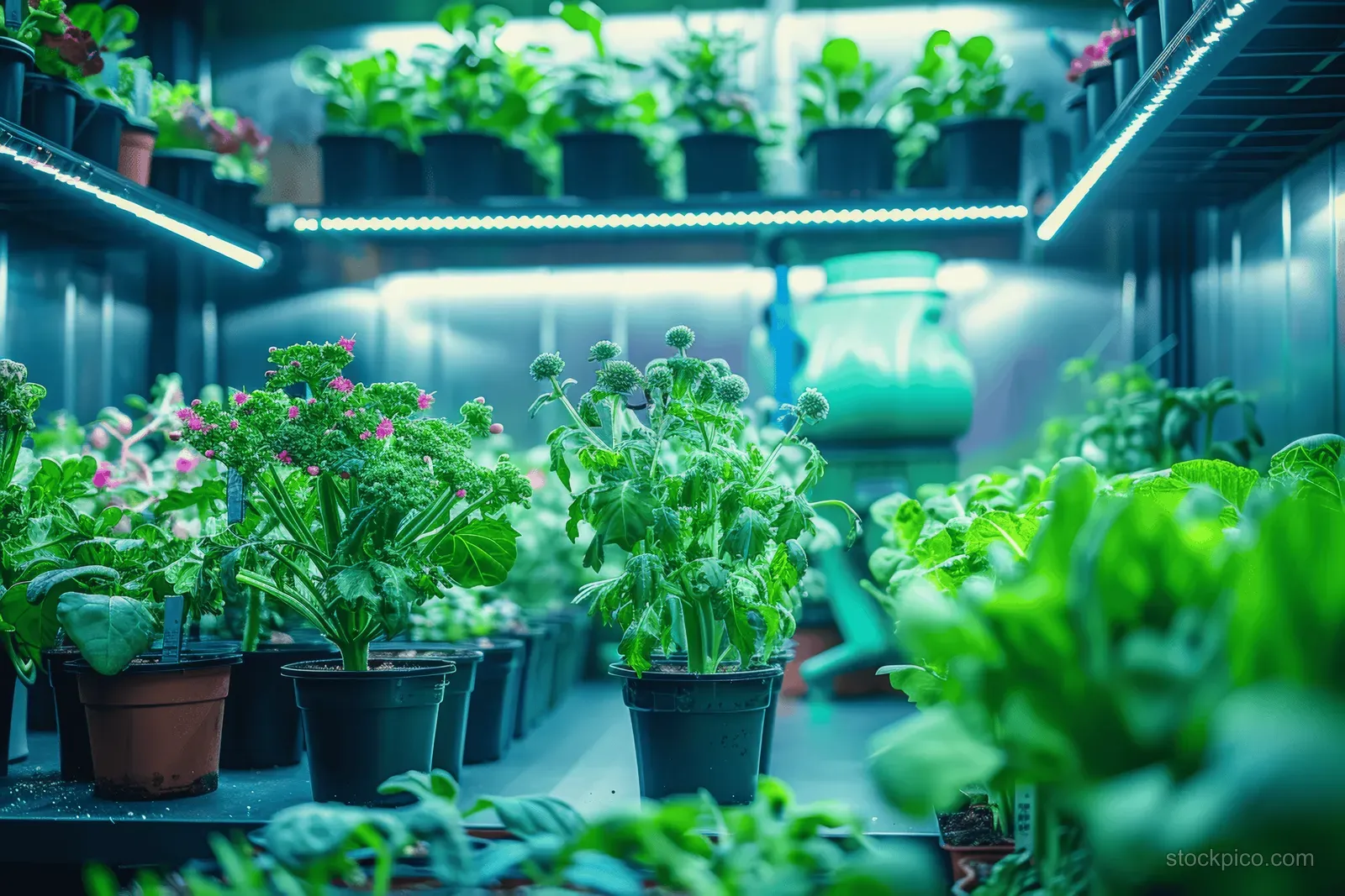 Rows of potted herbs glow under blue LED grow lights in an indoor garden shelf.