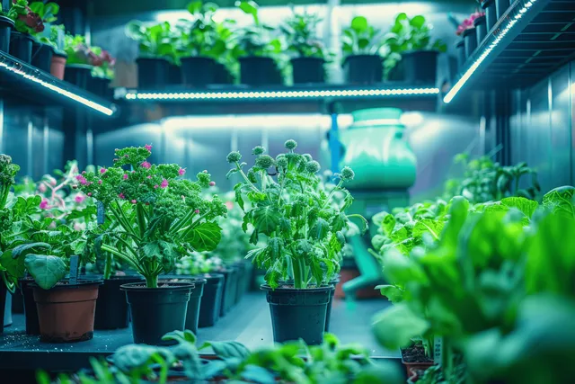 Rows of potted herbs glow under blue LED grow lights in an indoor garden shelf.