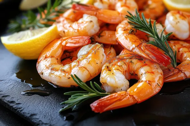 Cooked shrimp on a dark slate platter, garnished with rosemary and lemon wedges.