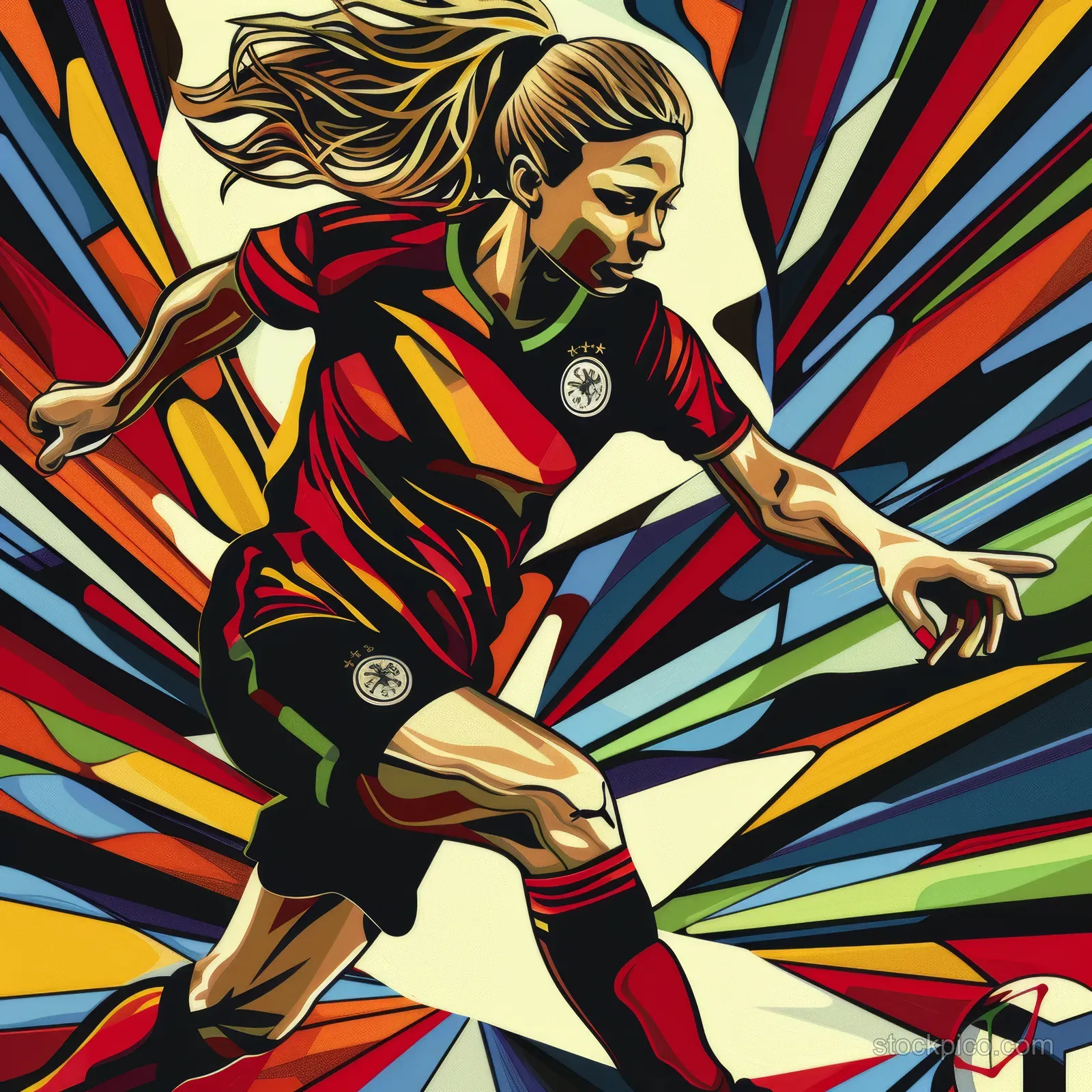 Stylized German women’s soccer player dribbling while sprinting in front of a colorful street-art burst background.