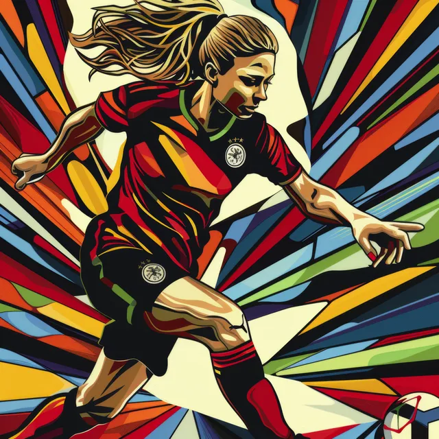 German women’s footballer sprinting in bold colors, dynamic dribble against street-art background