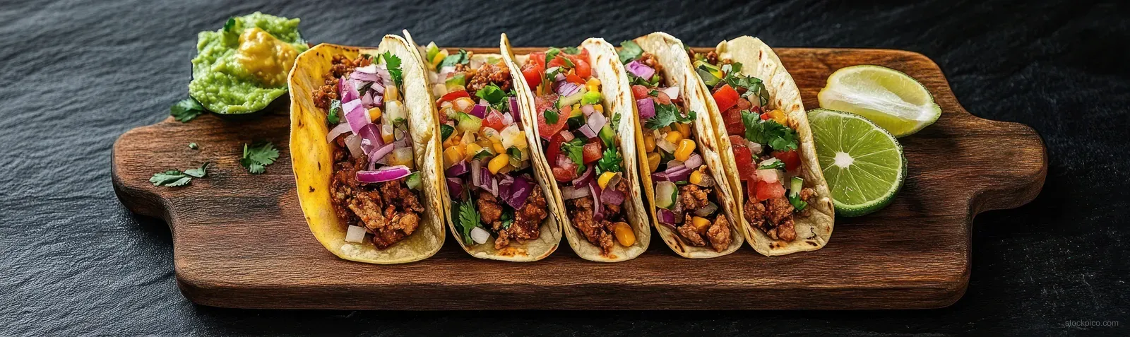 Overhead street tacos platter on a wooden board with fish barbacoa and carnitas, topped with onion, cilantro, and lime.