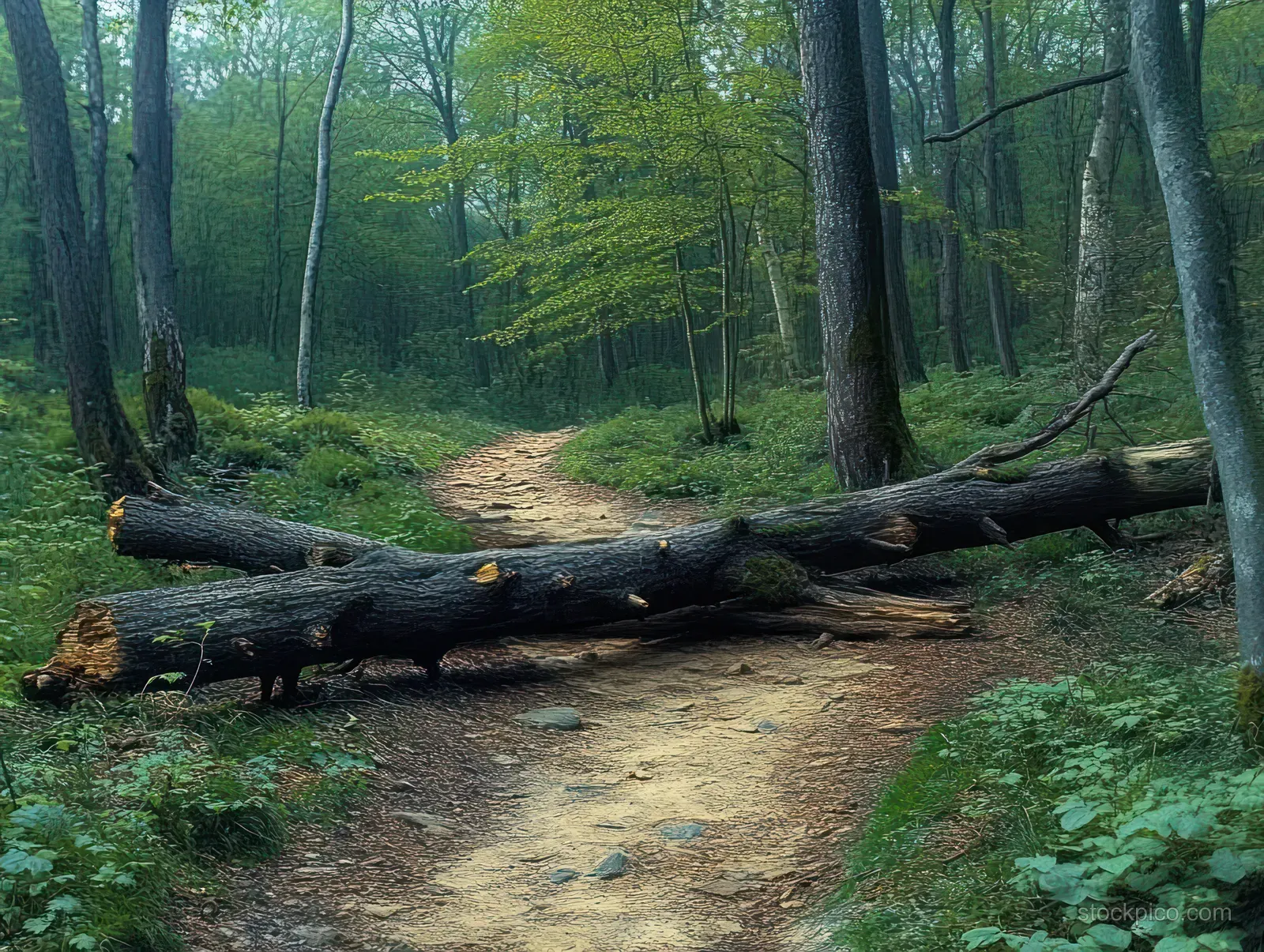A forest trail is blocked by a large fallen tree trunk among dense green trees.