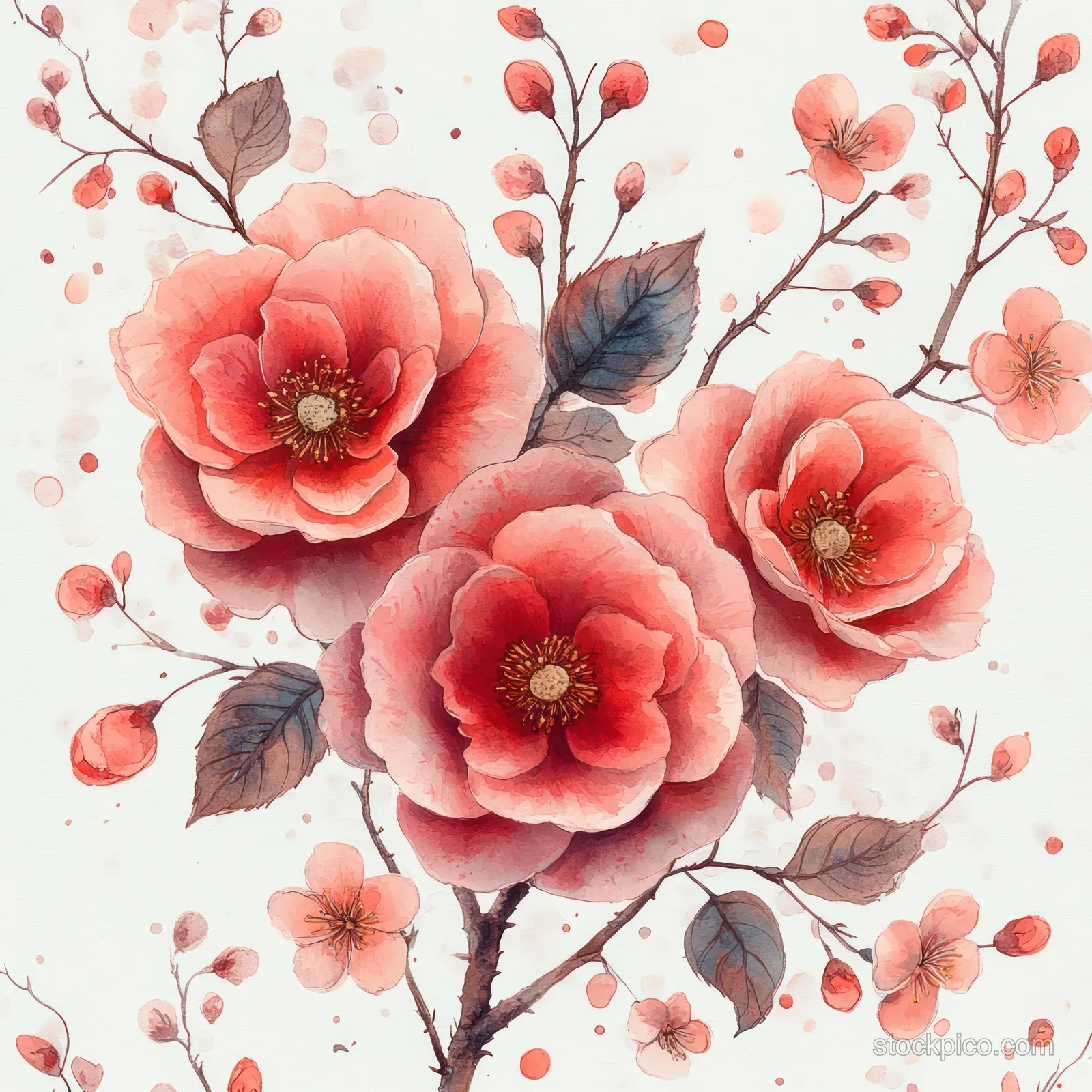 Watercolor pink roses and cherry blossoms arranged on delicate branching stems.