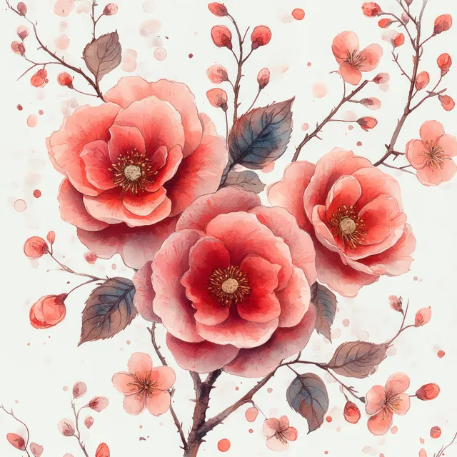Watercolor pink roses and cherry blossoms on delicate botanical branches