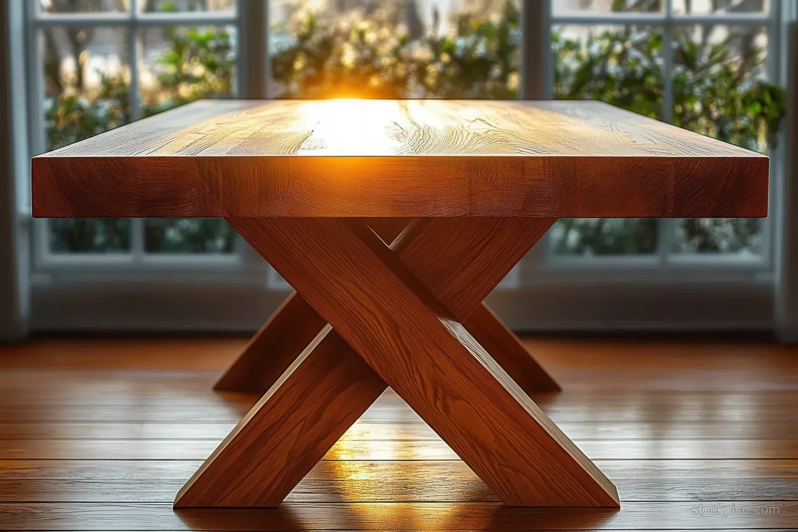 Warm sunlight highlights a wooden dining table with crossed legs in front of large windows and greenery outside.