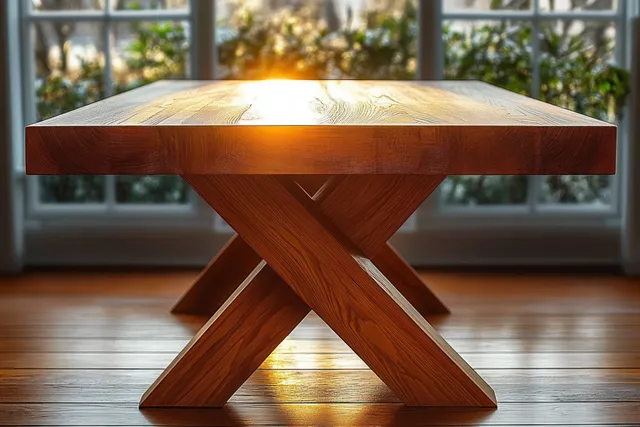 Close-up wooden dining table with crossed legs, warm sunlight through windows and greenery outside