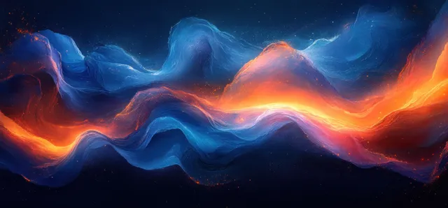 Blue and orange glowing waves swirl over a dark cosmic-like background.