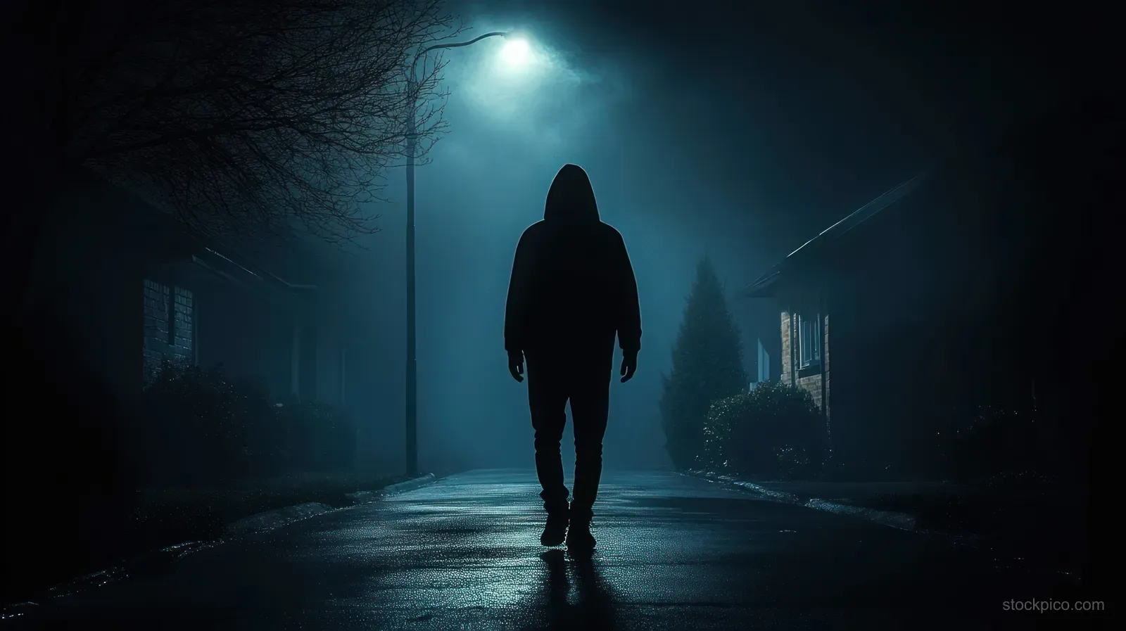 A hooded silhouette walks alone down a foggy suburban street, lit by a streetlamp.