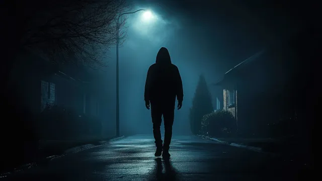 A hooded silhouette walks alone down a foggy suburban street, lit by a streetlamp.