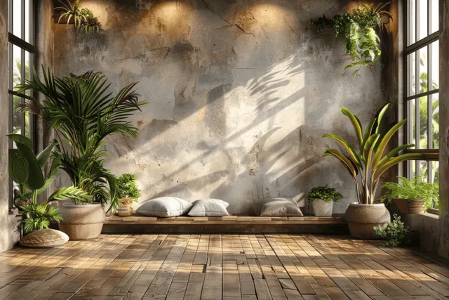 Sunlit lounge corner with potted plants, rustic wall texture, and wooden bench seating by large windows.
