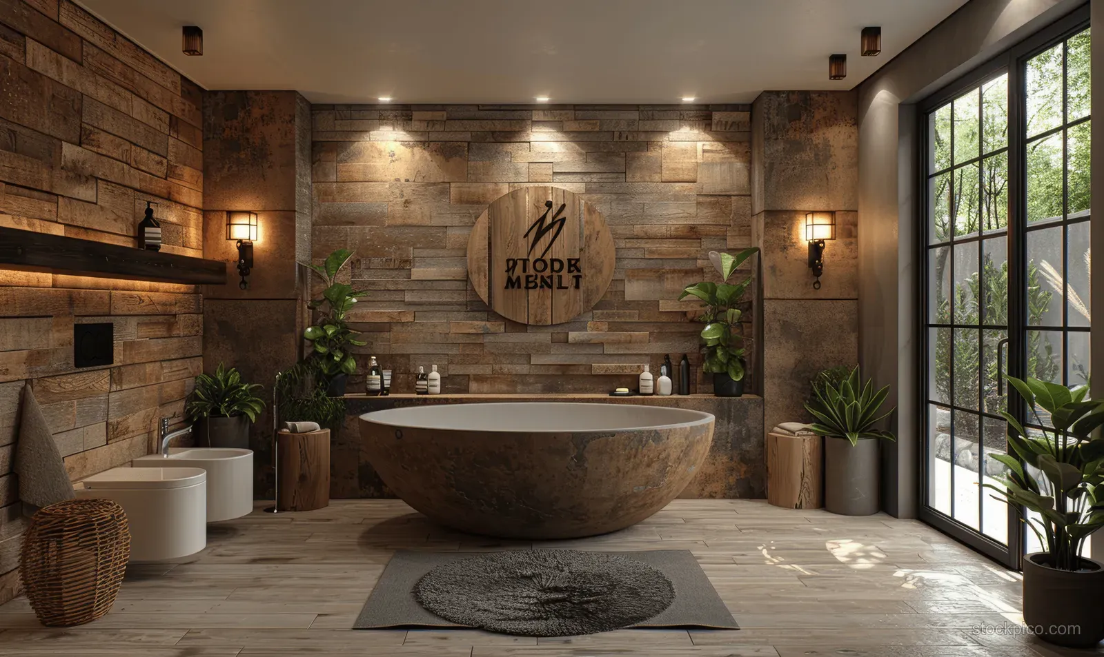 Loft bathroom interior with round bathtub, glass door, and large window overlooking a winter garden.