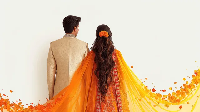 Indian bride and groom shown from behind in orange and yellow traditional wedding clothing on a white background with petals.