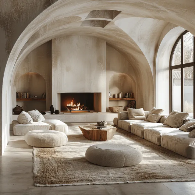 Mediterranean living room with arched ceiling, glowing fireplace, neutral sofas, and tall windows.