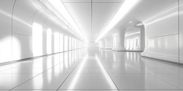 Minimal futuristic white corridor with glowing ceiling lights stretching toward a bright vanishing point.