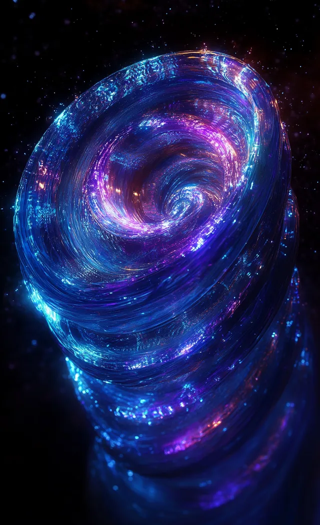 Glowing neon vortex swirl of blue and purple energy lights on a dark space background