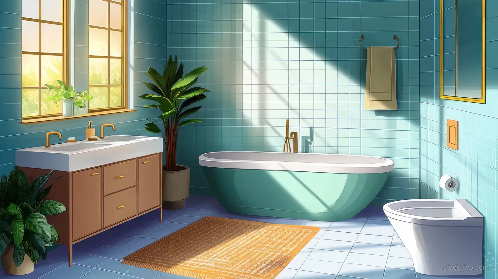 Sunlit teal bathroom interior with freestanding bathtub, vanity sink, and tiled walls with wooden accents.