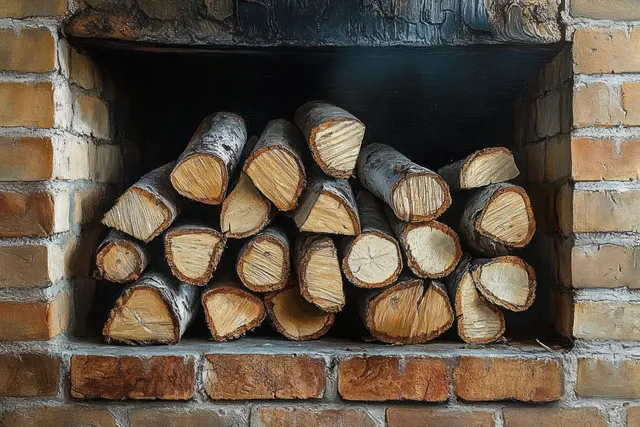 Cut firewood logs are stacked neatly inside a brick fireplace opening with exposed log ends.