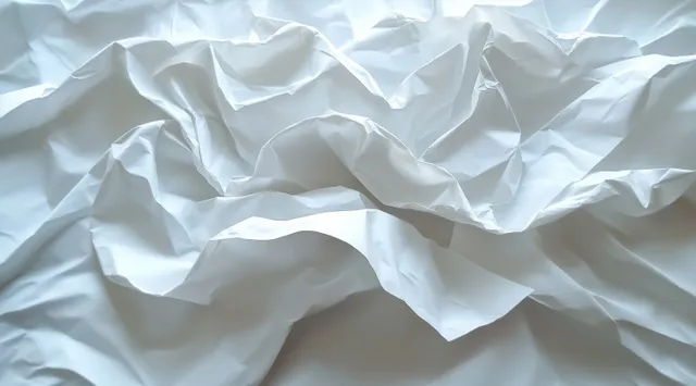 Crumpled white paper sheet on textured silver background with sharp folded wrinkles