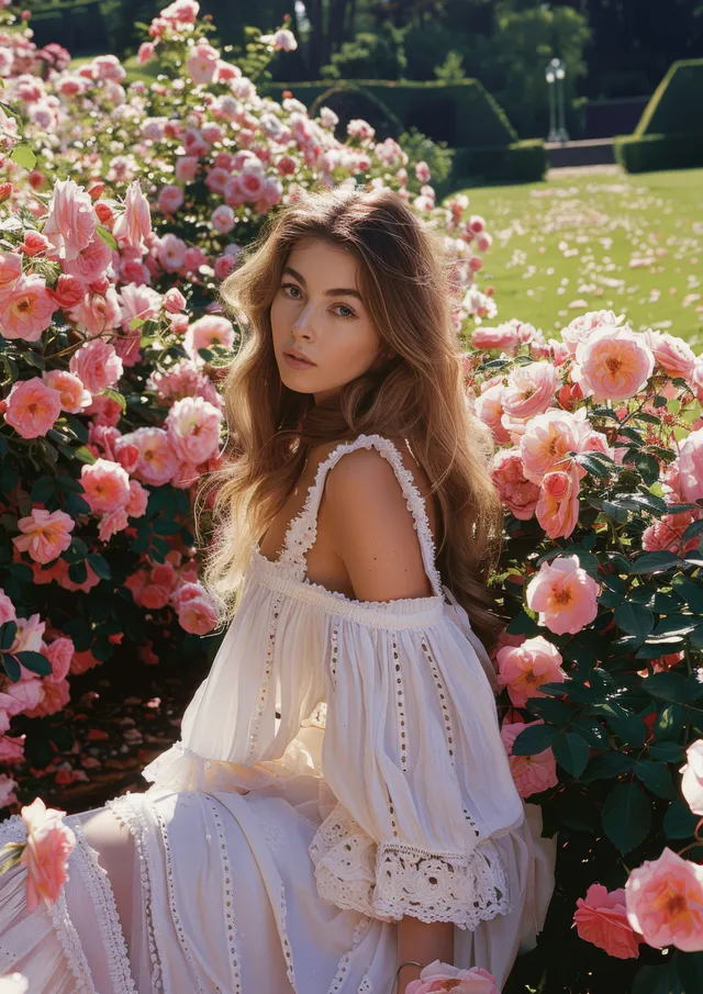 A woman in a white dress poses among blooming pink roses in a garden with soft natural light.