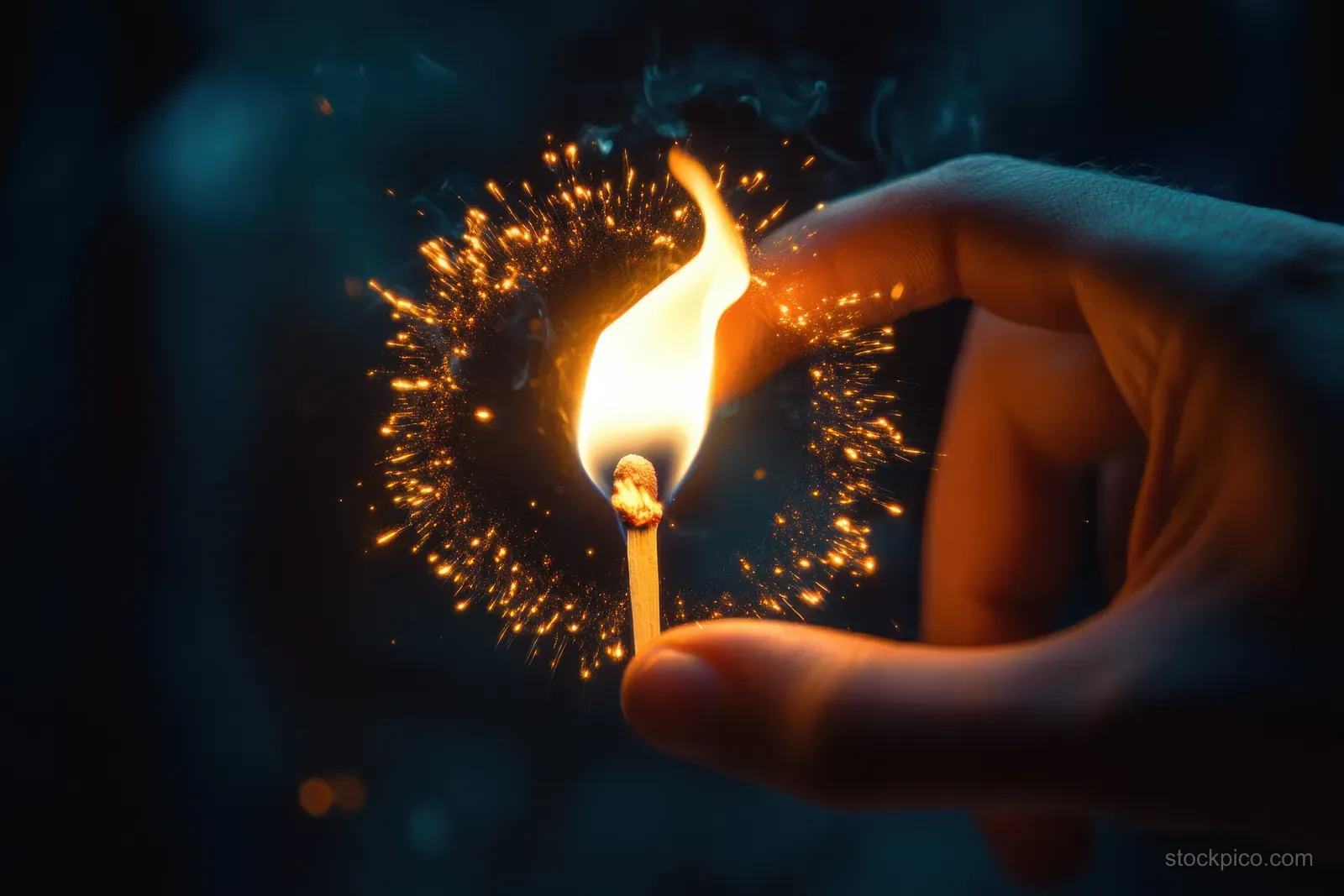 A hand holds a lit matchstick, its orange flame glowing with sparks against a dark background.
