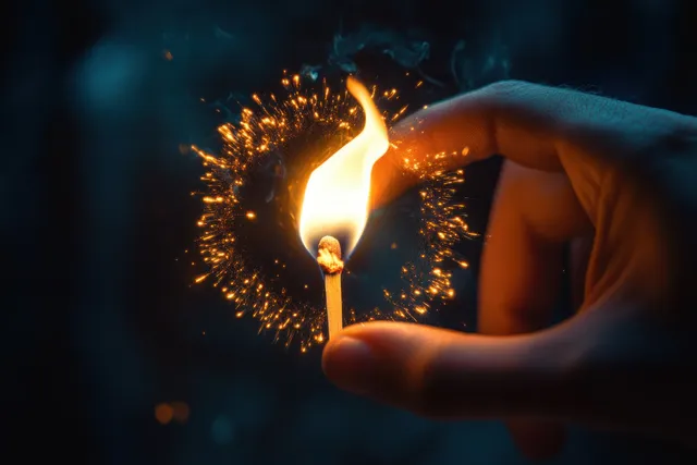 A hand holds a lit matchstick, its orange flame glowing with sparks against a dark background.