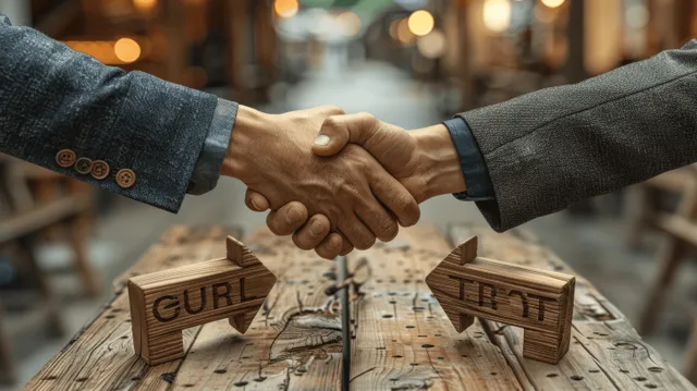 Handshake over negotiation blocks, showing conflict resolution with a mediator in a meeting room