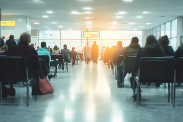 People wait seated in rows inside a bright indoor waiting area with large windows and overhead lights.