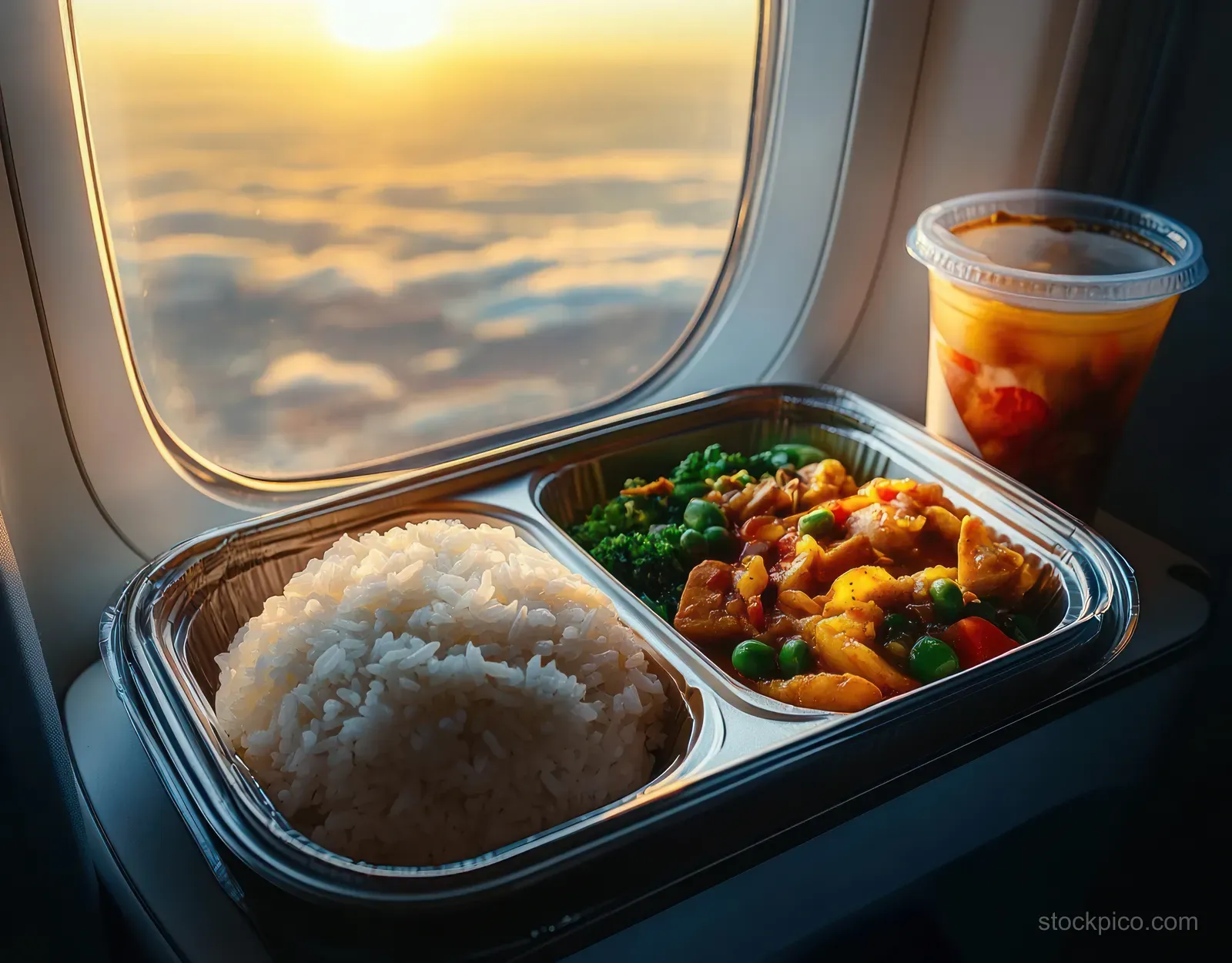 Inflight meal tray with rice and chicken vegetables beside an airplane window at sunset.