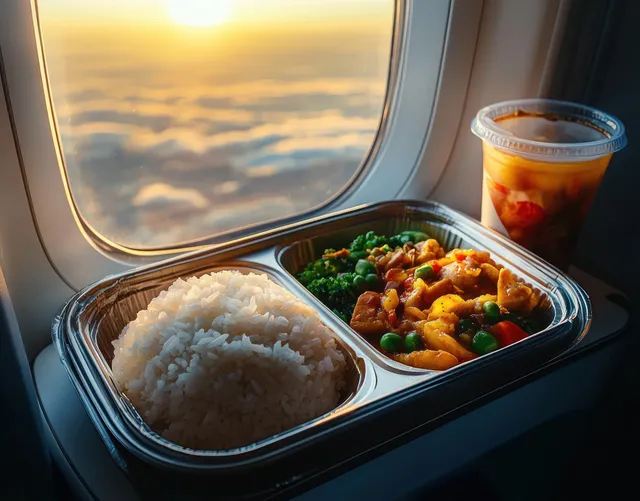 Inflight meal tray with rice and chicken vegetables beside an airplane window at sunset.