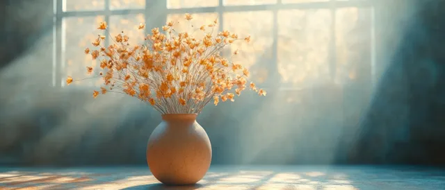 Ceramic vase with dried flowers catching sunlight through window soft rays