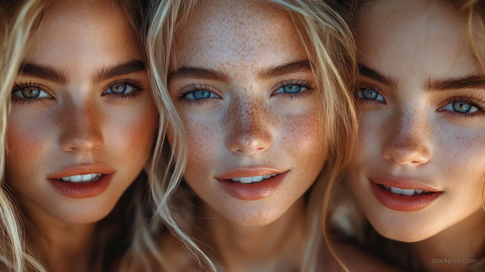 Close-up portrait of diverse young women smiling together with soft pastel studio lighting.