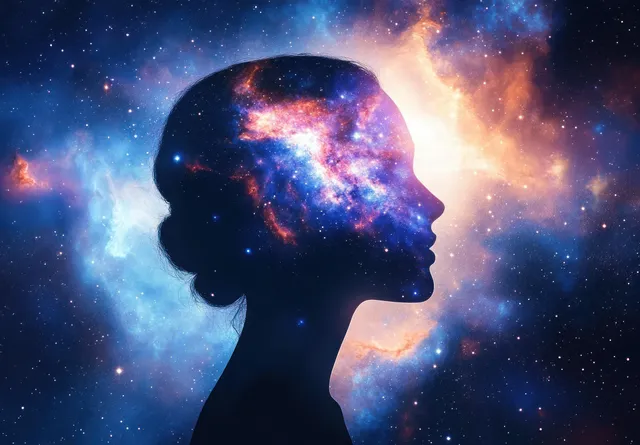 Meditating silhouette head profile in space with glowing chakra aura ring and colorful nebula clouds.