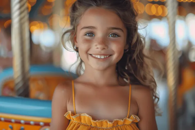 Young girl smiling on carousel ride, curly hair and yellow dress in warm bokeh lights