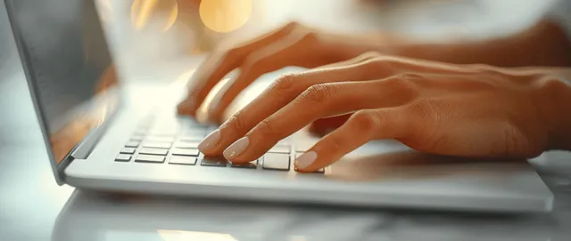 Close-up of hands typing on a laptop keyboard at a desk with warm bokeh lights in the background.