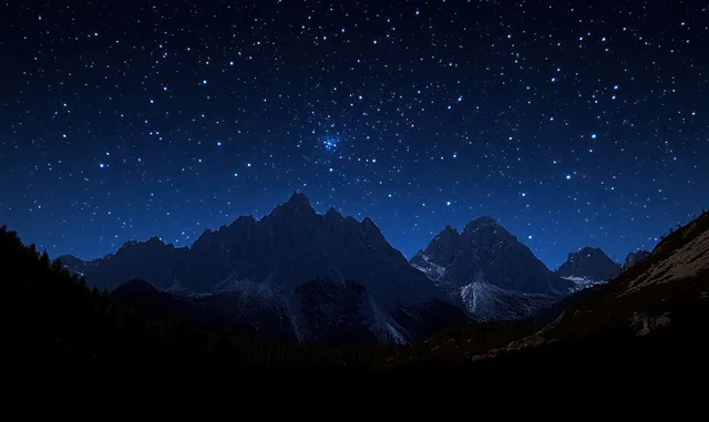 Countless stars illuminate jagged mountain peaks above a dark forest valley at night.