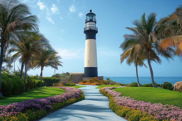 Black-and-white lighthouse with a flower-lined pathway and palm trees by the ocean