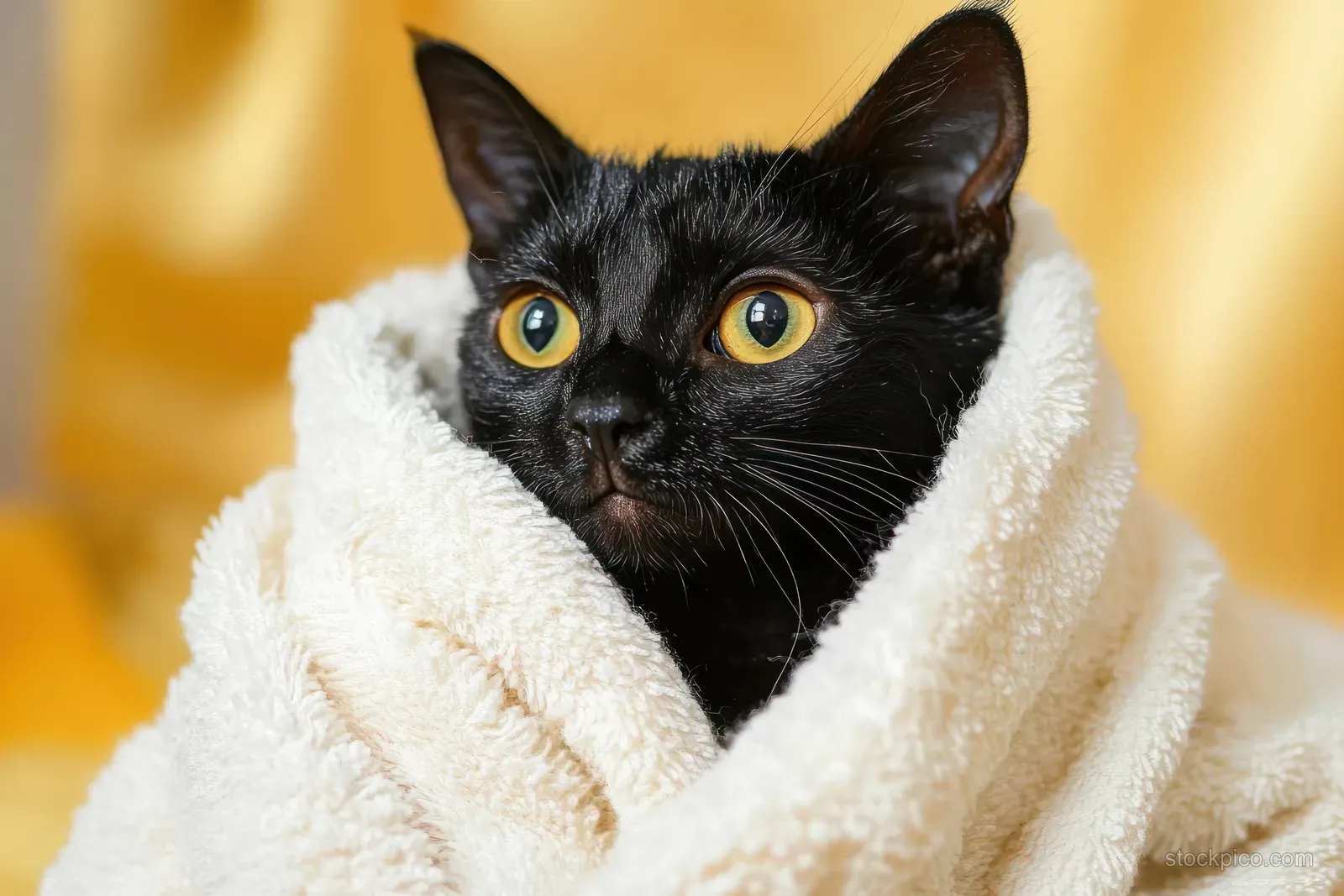 Black cat wrapped in a cream towel with wide yellow eyes staring alert and curious.