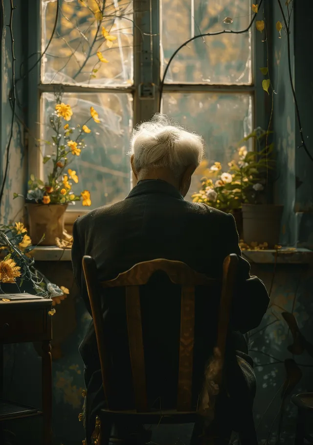 Elderly man sits in sunlit room, looking out window beside blooming flowers