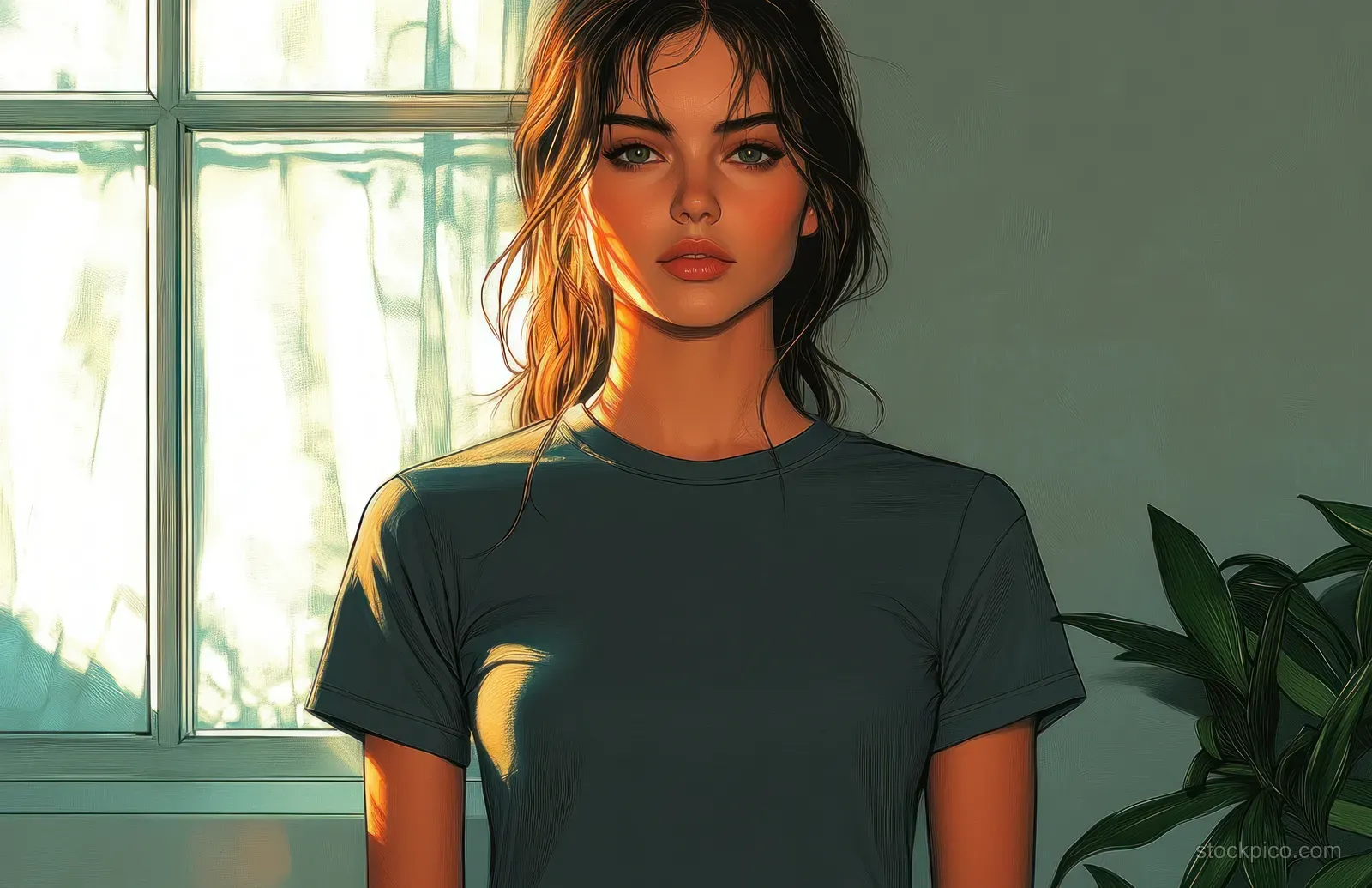 Woman wearing a grey v-neck short-sleeve t-shirt, standing by a sunlit window with plants nearby.