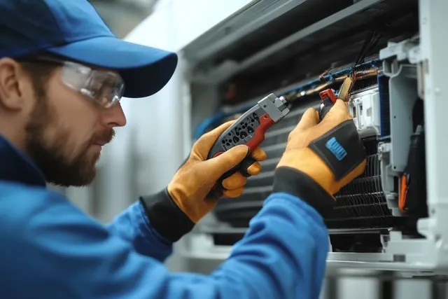 Technician’s hands use a screwdriver and tool while inspecting an opened indoor air conditioner unit.