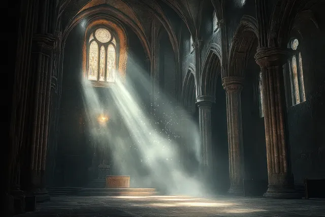 Sunlight rays shine through stained glass, lighting misty gothic arches and stone columns in a cathedral interior.