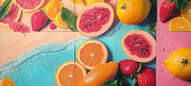 Layered collage of tropical fruit slices arranged over a blue beach shoreline background.
