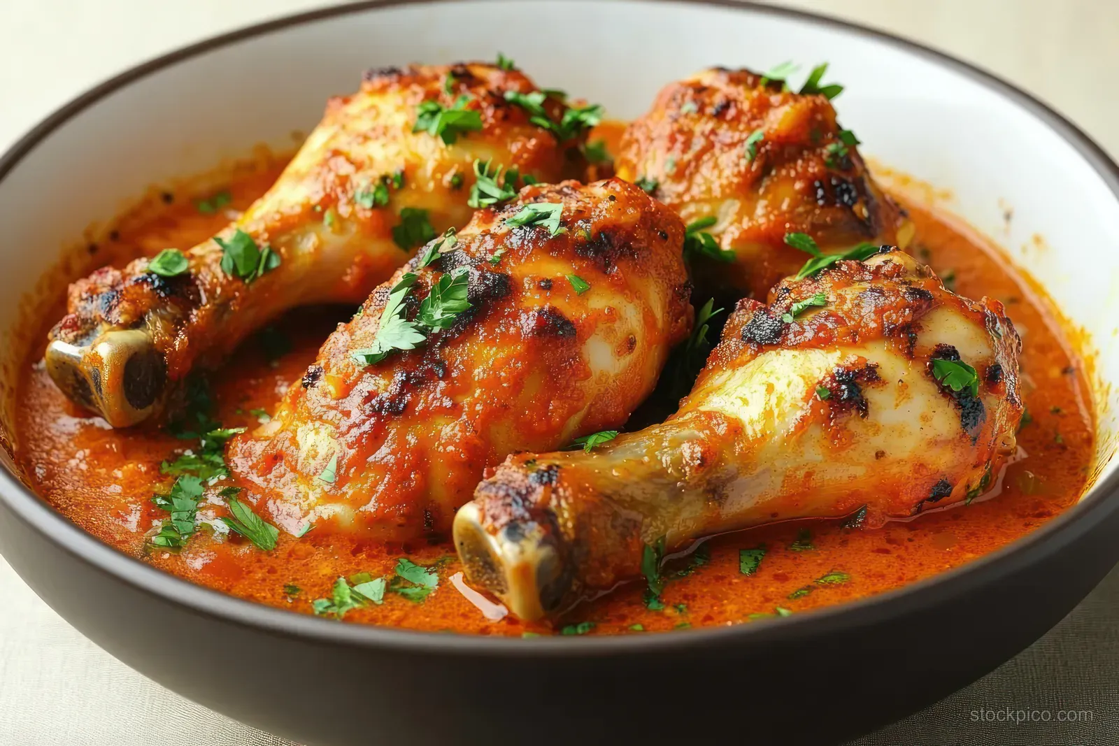 Four grilled chicken drumsticks in spicy orange sauce with chopped green herbs in a deep bowl.
