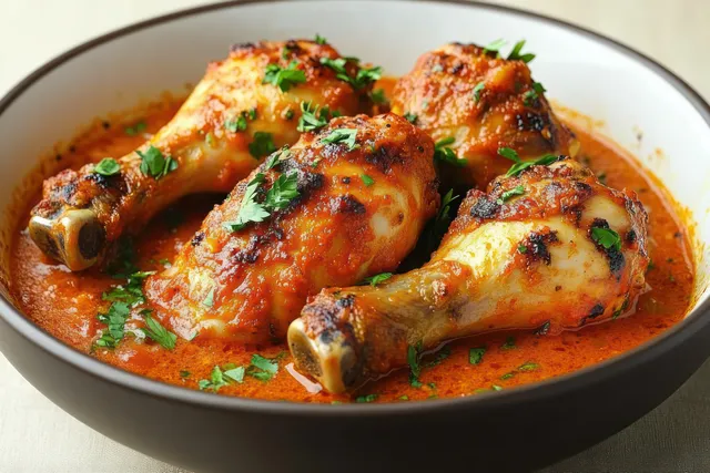 Four grilled chicken drumsticks in spicy orange sauce with chopped green herbs in a deep bowl.