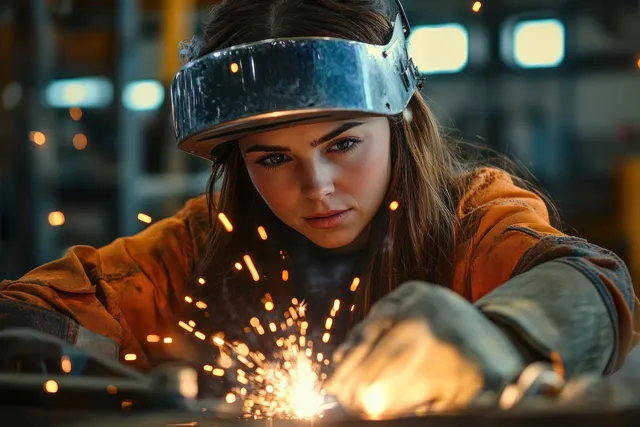 Focused young welder in protective helmet sparks flying while working inside industrial workshop