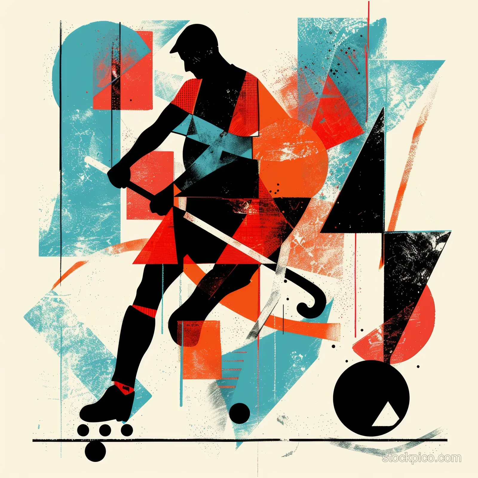 Abstract field hockey player silhouette dribbling a ball with Argentine flag colored geometric splashes behind.