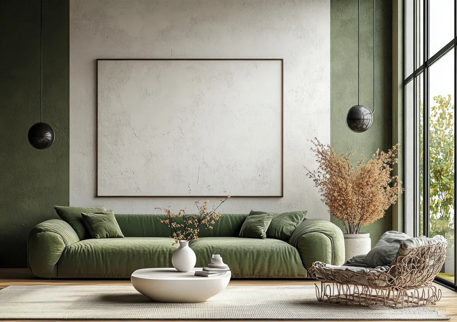 Olive green sofa in a Scandinavian living room with large window light, framed blank wall art, and minimal decor.