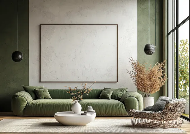 Olive green sofa in a Scandinavian living room with large window light, framed blank wall art, and minimal decor.