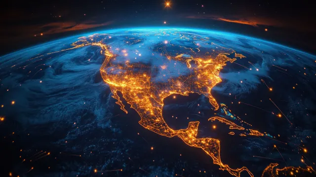 North America night map from space with glowing city light borders and swirling clouds